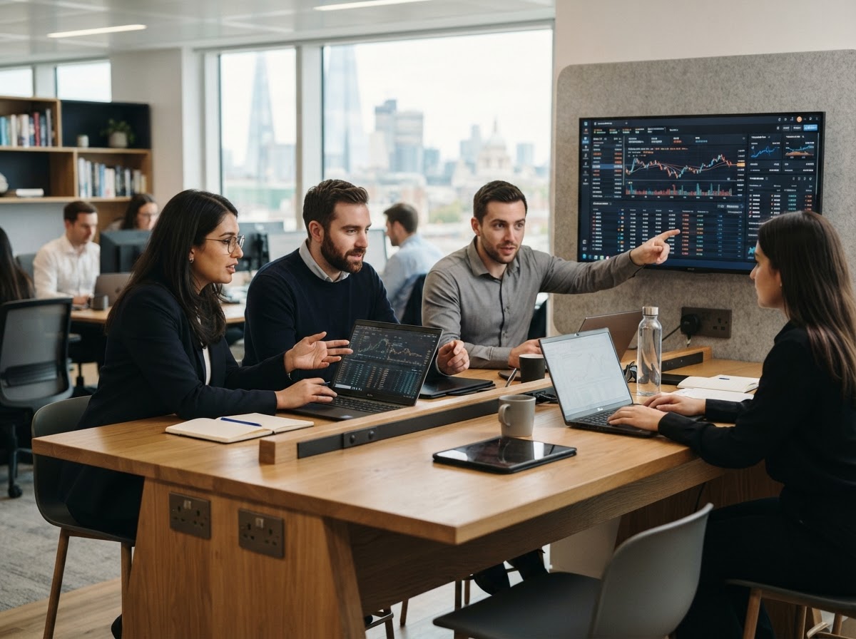 Sourcevane Markets analyst reviewing capital allocation data on a secondary monitor